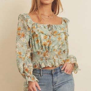 Boho Floral Print Smocked Waist Ruffle Blouse